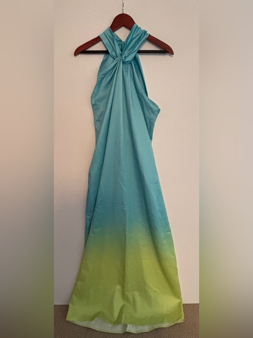FOREVER UNIQUE Blue & Lime Ombre Satin Maxi Dress/Gown w/ Twist Front Size 2 New